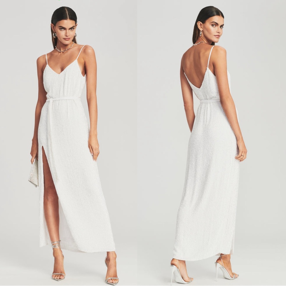 Retrofete Rebecca Sequin Maxi Dress in White Size Small Sleeveless Belt